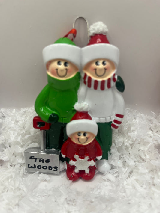 Christmas Family of 3 with Snow Shovel Personalised Tree Ornament Decoration IMG_5729