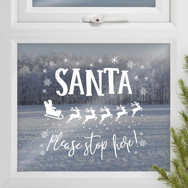 Winter stickers to go on a window asking santa to "please stop here"