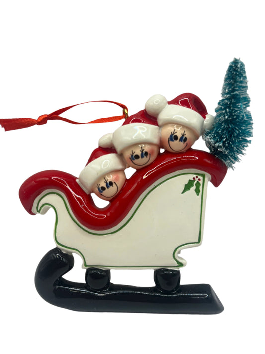 Family of 3 in a Sleigh Christmas Tree Ornament