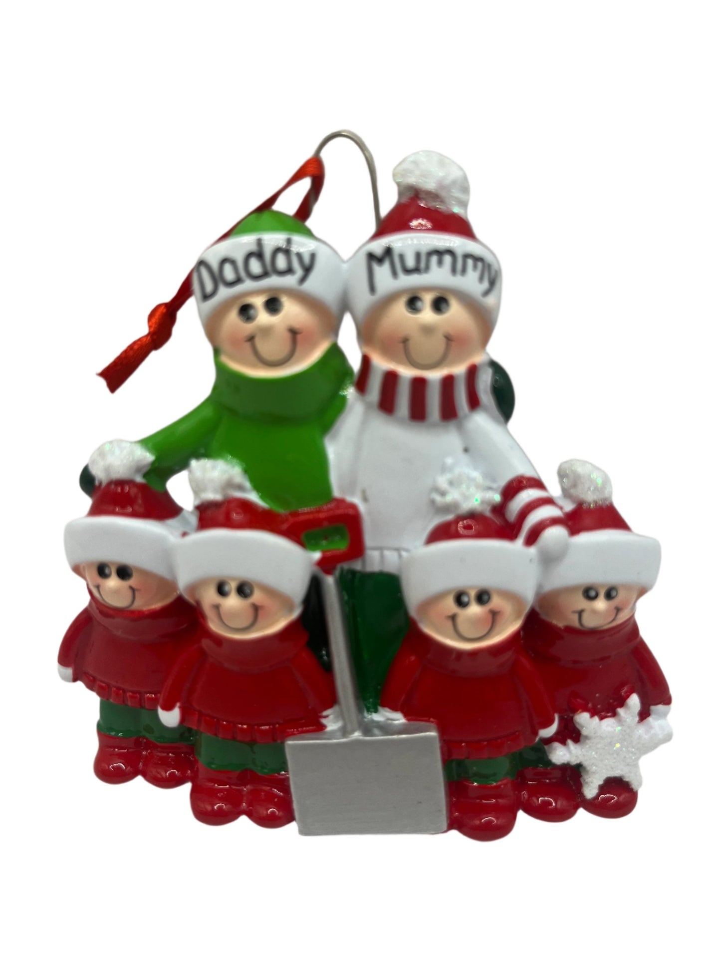 Christmas Family of 6 with Snow Shovel Personalised Tree Ornament